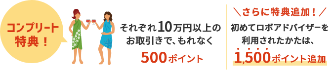 それぞれ10万円以上のお取引で、もれなく500ポイント さらに追加特典！初めてロボアドバイザーを利用されたかたは、1,500ポイント追加