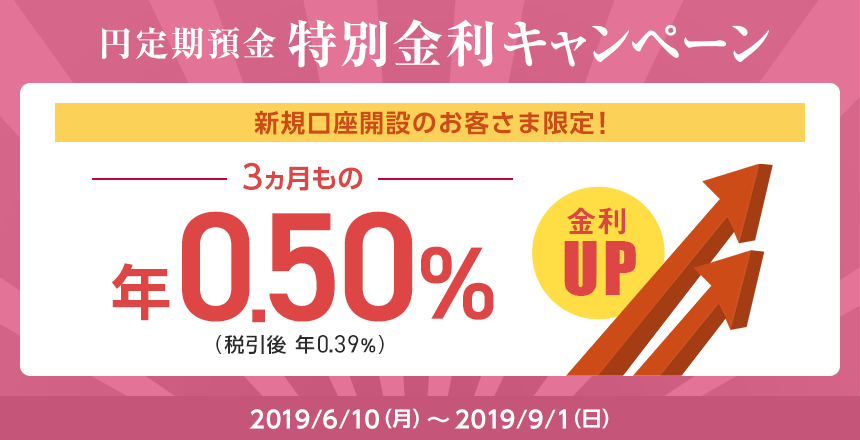 円定期預金 特別金利キャンペーン 新規口座開設のお客さま限定 キャンペーン期間 2019/6/10（月）から2019/9/1（日）