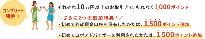 コンプリート特典 それぞれ10万円以上のお取引で、もれなく1,000ポイント さらに2つの追加特典！ 初めて外貨預金口座を保有したかたは、1500ポイント追加 初めてロボアドバイザーを利用されたかたは、1,500ポイント追加