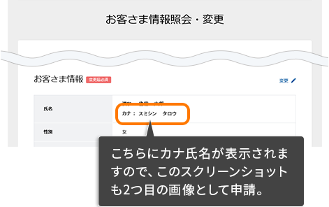 こちらにカナ氏名が表示されますので、この画面キャプチャも2つ目の画像として申請。