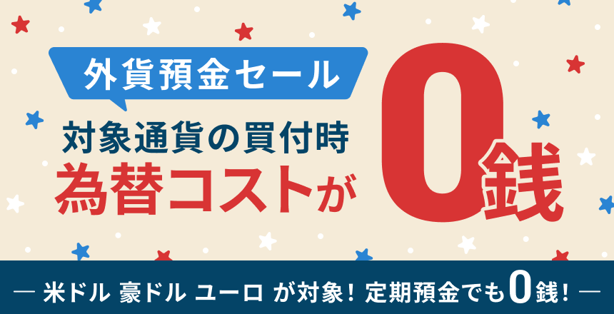 円からの米ドル、豪ドル、ユーロ買付時為替コストが0銭