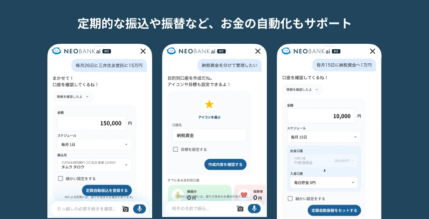 定期的な振込や振替など、お金の自動化もサポート。NEOBANK aiの定額自動振替のセット、目的別口座の作成など自動化サポートのイメージ。