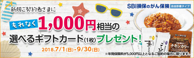 【がん保険】SBI損保のがん保険(自由診療タイプ)のご契約で1,000円相当の選べるギフトカード(1枚)をプレゼント!