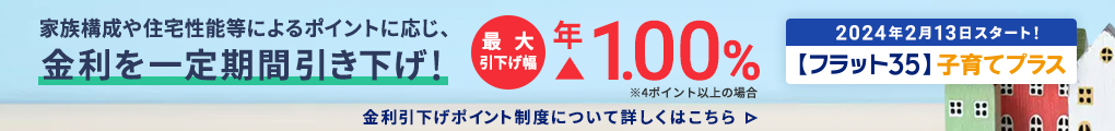 家族構成や住宅性能等によるポイントに応じ、金利を一定期間引き下げ！ 金利引下げポイント制度について詳しくはこちら。