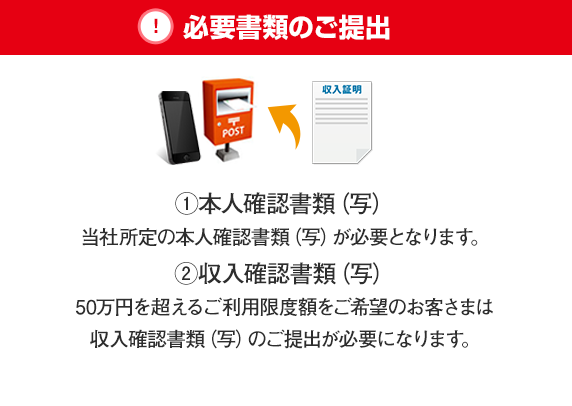 必要書類のご提出 ①本人確認書類（写） 当社所定の本人確認書類（写）が必要となります。 ②収入確認書類（写） 50万円を超えるご利用限度額をご希望のお客さまは収入確認書類（写）のご提出が必要になります。