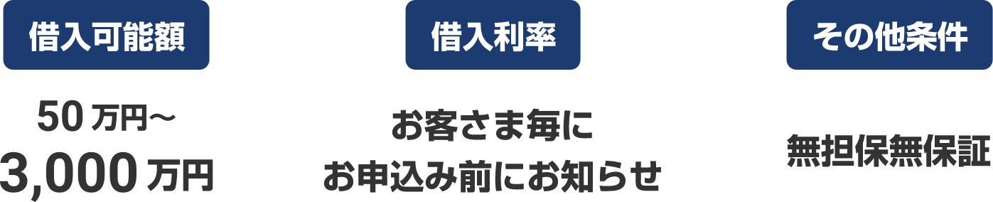借入可能額:50万~3,000万円 借入利率:お客さま毎にお申込み前にお知らせ その他条件:無担保・無保証