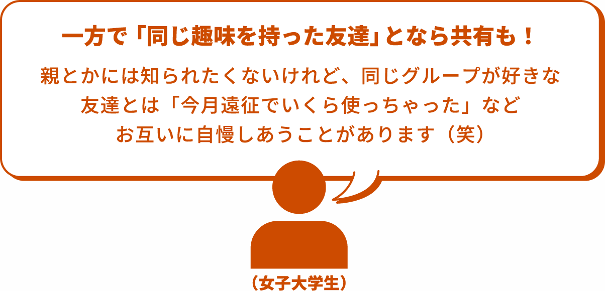 一方で「同じ趣味を持った友達」となら共有も！ 親とかには知られたくないけれど、同じグループが好きな友達とは「今月遠征でいくら使っちゃった」などお互いに自慢しあうことがあります（笑）